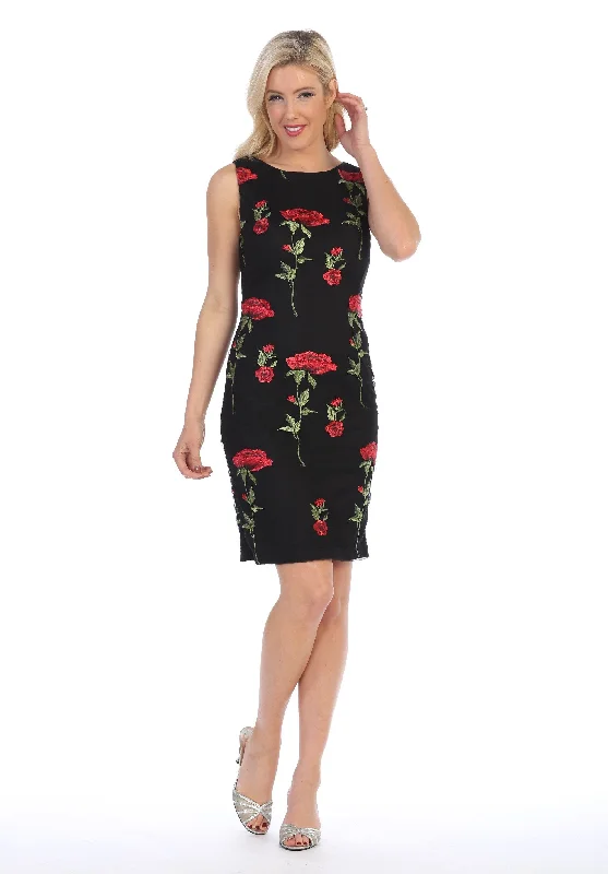 Fun and flirty wedding guest dresses for outdoor parties -Floral Embroidered Short Sleeveless Dress by Celavie 6336