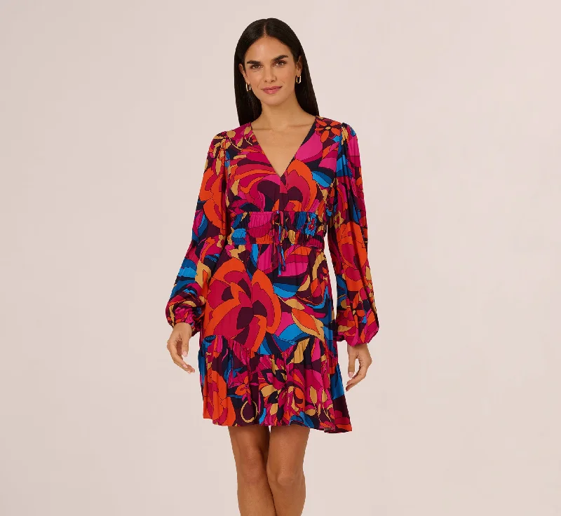 Spring dresses for casual workwear with elegance -Retro Floral Print Shirred Dress With Long Bishop Sleeves In Berry Multi