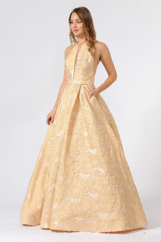 plus size cocktail dresses with empire waist for flattering shape --Floral Embroidered Long High-Neck Dress by Poly USA 8402