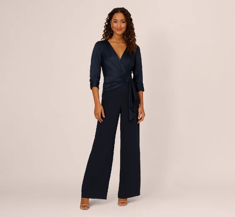 Bridal shower spring dresses with simple elegance -Satin Crepe Three Quarter Sleeve Jumpsuit With Buckle Waist In Dark Navy
