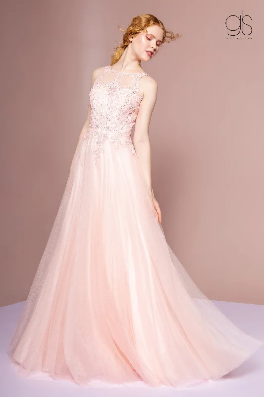 formal dresses for prom with sweetheart necklines --Long Sleeveless A-Line Dress with Sheer Lace Top by Elizabeth K GL2693