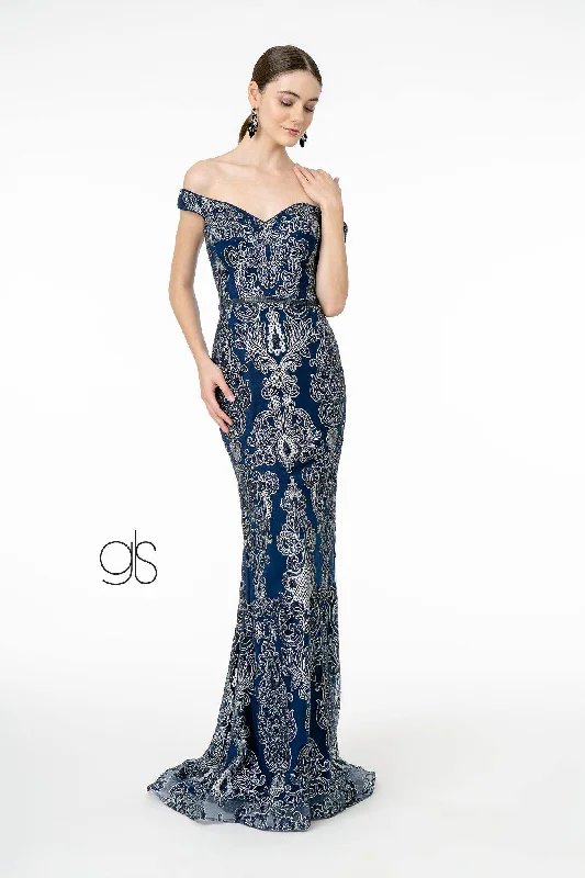 cocktail dresses with beaded straps for sparkle --Off Shoulder Glitter Print Mermaid Dress by Elizabeth K GL2922