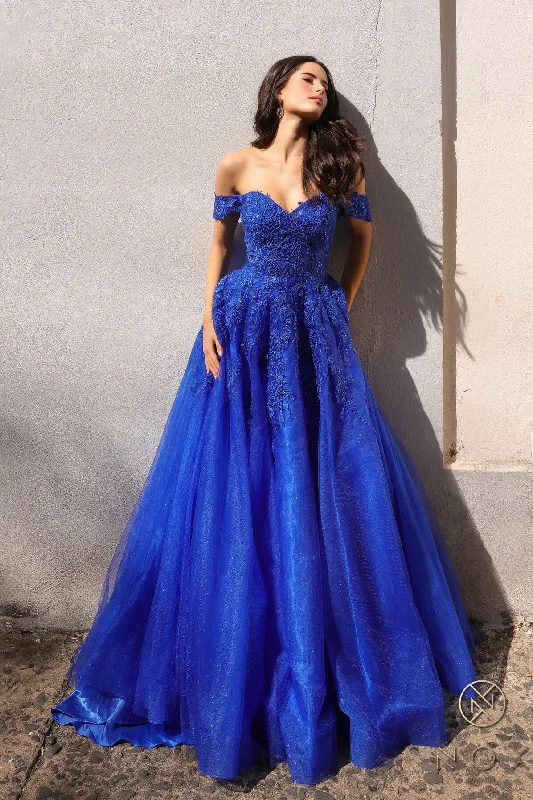 Wedding guest dresses that combine comfort and elegance -Applique Off Shoulder Ball Gown by Nox Anabel R1303
