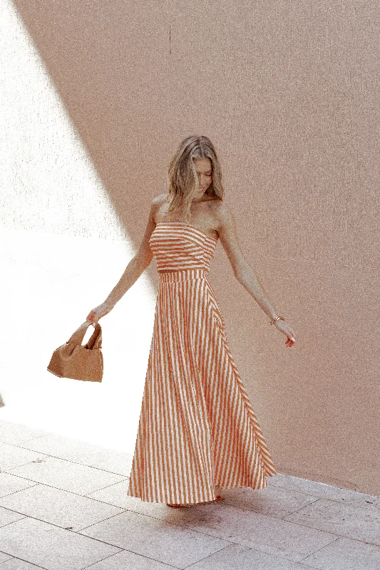 Trendy wedding guest dresses for trendy bridesmaids -Serafina Two Piece Set - Orange Beige Stripe