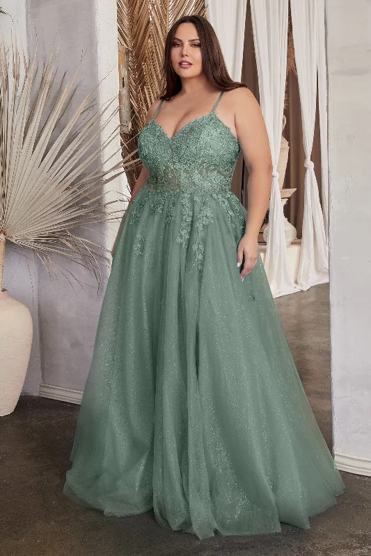 cocktail dresses with open shoulder designs for summer --Curve Applique Sleeveless Corset Tulle Gown by Ladivine C148C