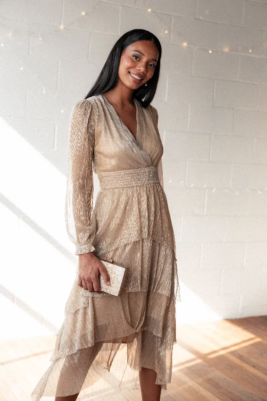 Sophisticated wedding guest dresses with a structured silhouette -Cybil Pleated Tiered Midi Dress - Champagne Gold