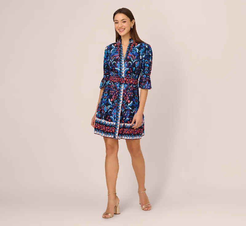Beautiful wedding guest dresses for evening garden parties -Abstract Print Button Down Dress With Three Quarter Bell Sleeves In Navy Multi