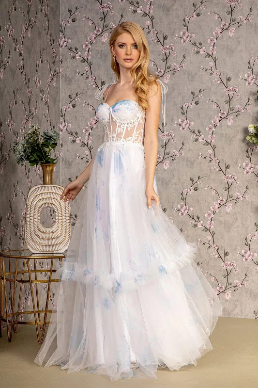 formal dresses with sheer panels for modern style --Embroidered Sheer Corset Tiered Gown by GLS Gloria GL3208