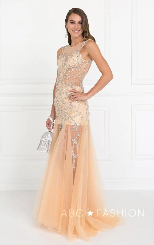 formal dresses with UV protection for outdoor ceremonies --Jeweled Long Sleeveless Sheer Dress by Elizabeth K GL2153