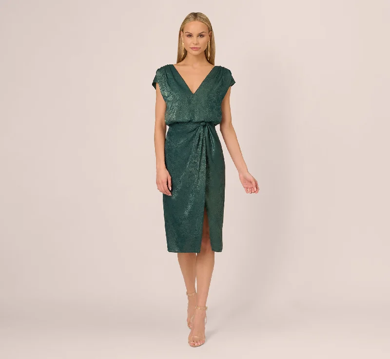 Wedding guest dresses with cap sleeves for a graceful look -Foil Blouson Midi Dress With Faux Wrap Skirt In Dark Ivy