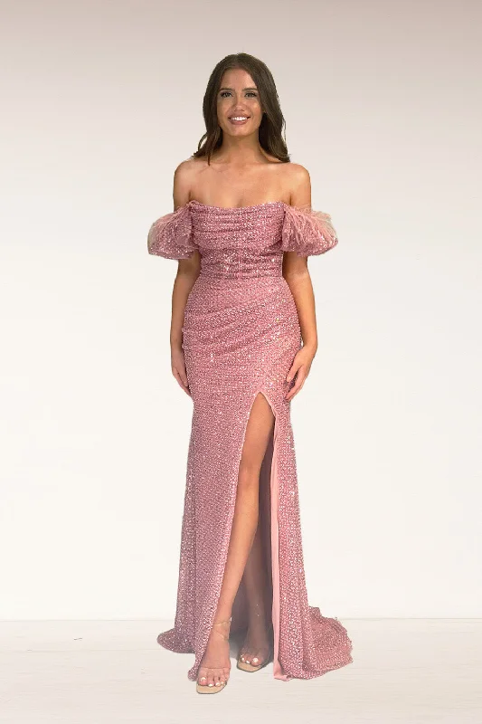 cocktail dresses with sweetheart necklines for romantic looks --Feather Fitted Off Shoulder Slit Gown by Lucci Lu 1345
