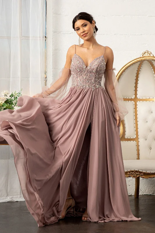 cocktail dresses with mesh inserts for edgy style --Long Beaded Bodice Chiffon Dress by Elizabeth K GL3005