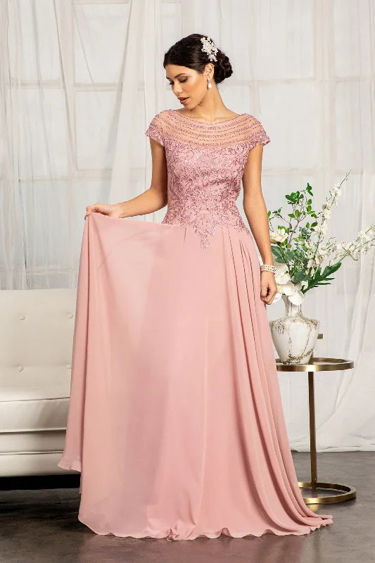 Best wedding guest dresses for a formal evening dinner -Embellished Cap Sleeve Chiffon Gown by Elizabeth K GL3065