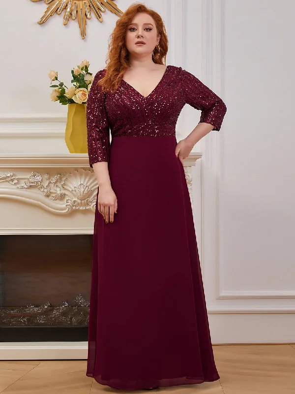 Fun and flirty dresses for evening cocktail events -Sexy V Neck A-Line Plus Size Sequin Wholesale Evening Dress with Sleeve