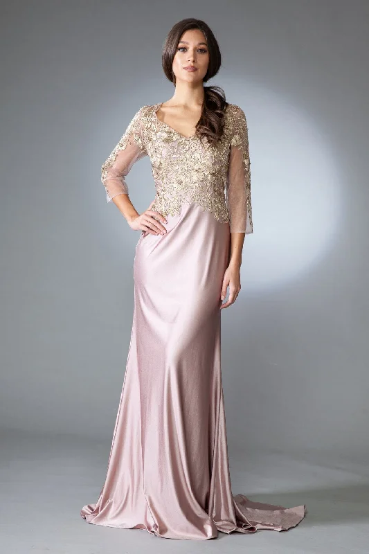 Wedding guest dresses that match well with statement jewelry -Floral Applique 3/4 Sleeve Gown by Amelia Couture 7039
