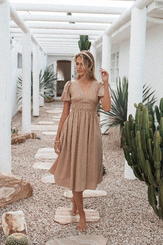 Elegant spring dresses with a sleek, minimalist design -Ronnie Short Sleeve Midi Dress - Tan