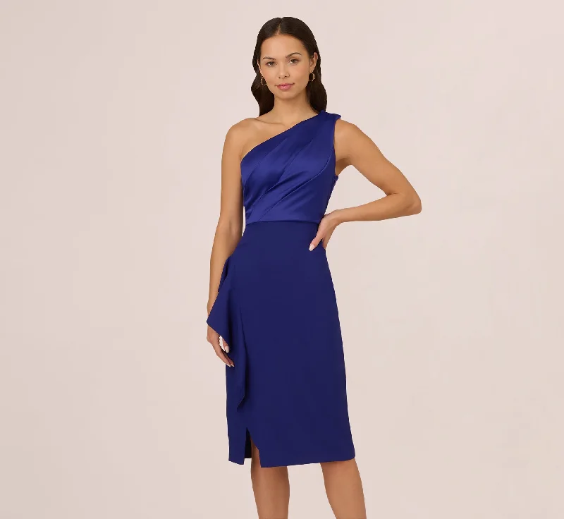 Best wedding guest dresses for destination weddings in tropical locations -One Shoulder Ruffle Midi Sheath Dress In Dark Blue Violet