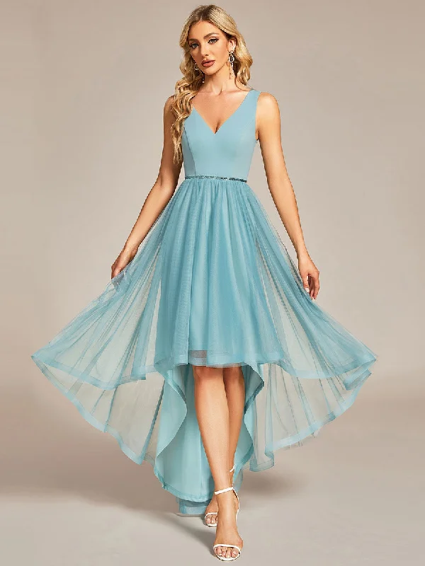 Sophisticated cocktail dresses for holiday parties -Pretty High Low V Neck Tulle Wholesale Prom Dresses
