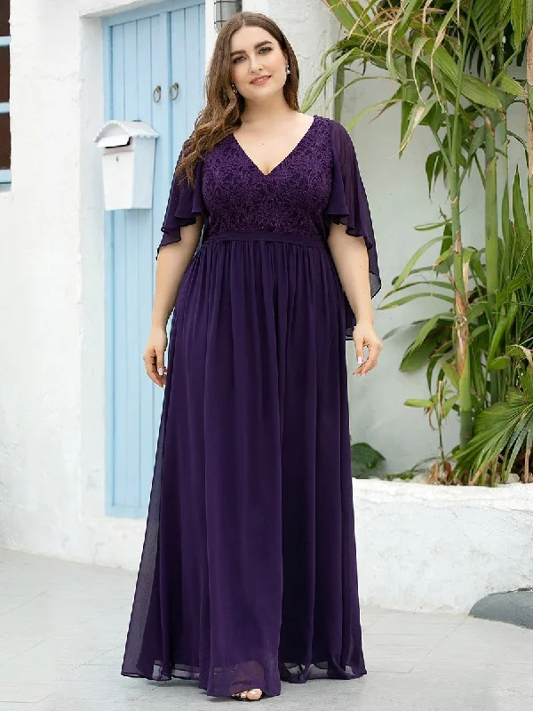 Ruffled party dresses for a fun and feminine look -Plus Size Wholesale Deep V Neck Evening Dress with Lace