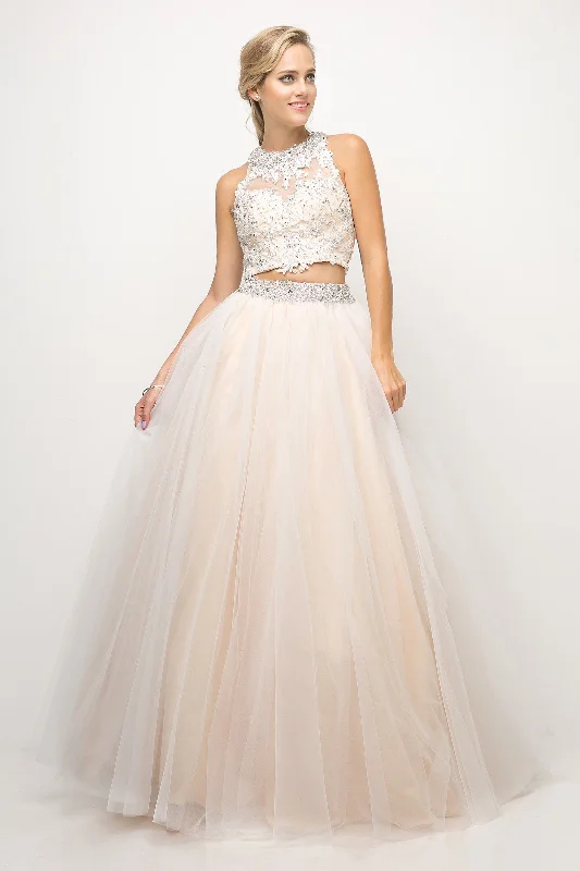 Wedding guest dresses that are comfortable yet chic -Beaded Lace Two-Piece Ball Gown by Cinderella Divine UM078
