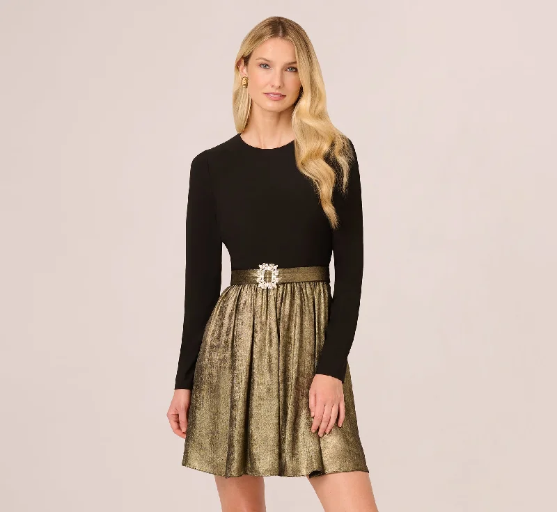 Short spring dresses for a fun, flirty style -Jersey Metallic Combo Short Dress In Black Gold