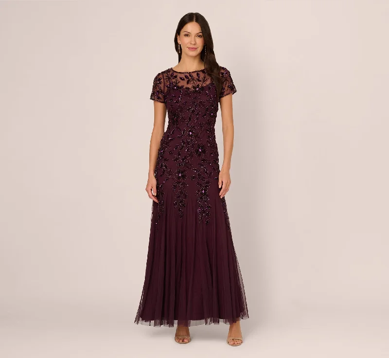 formal dresses for senior women with classic cuts --Hand Beaded Short Sleeve Floral Godet Gown In Night Plum