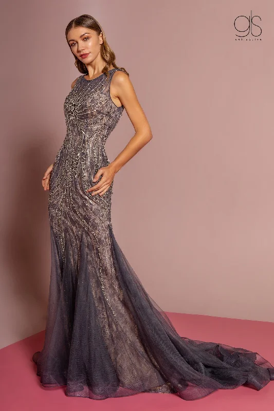 Wedding guest dresses for relaxed outdoor weddings with a country charm -Jeweled Lace Trumpet Dress with Sheer Back by GLS Gloria GL2684