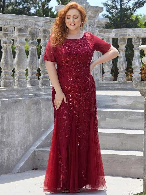 formal dresses with adjustable waist ties for comfort --Plus Size Floral Sequin Print Fishtail Tulle Dresses for Party