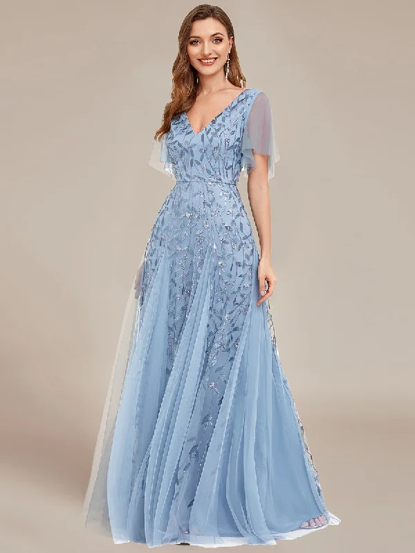 formal dresses for young adults with trendy cuts --Deep V Neck Wholesale Sequin Evening Gown With Short Sleeves