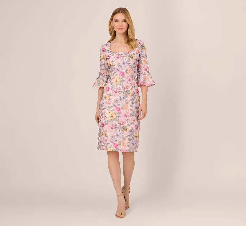 Spring dresses with asymmetrical hems for a unique style -Floral Embroidered Sheath Dress With Three Quarter Bell Sleeves In Blush Multi