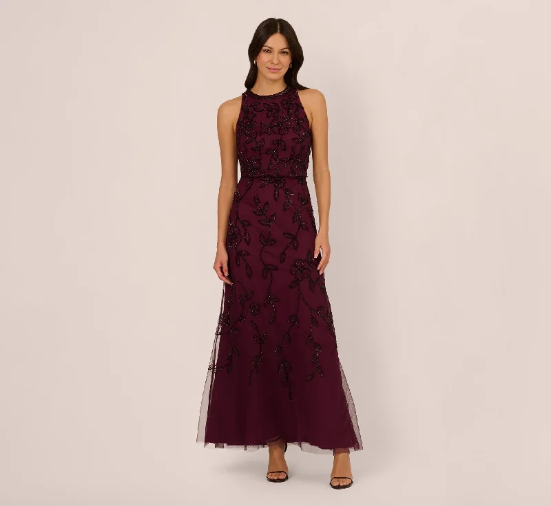 formal dresses for beach weddings with lightweight fabrics --Sleeveless Blouson Mermaid Gown With Jasmine Beading In Cassis