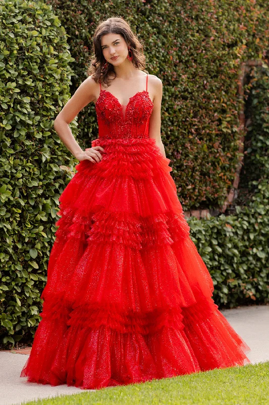 formal dresses with sequined bodices for sparkle --Sleeveless A-line Ruffled Gown by Cinderella Couture 8163J