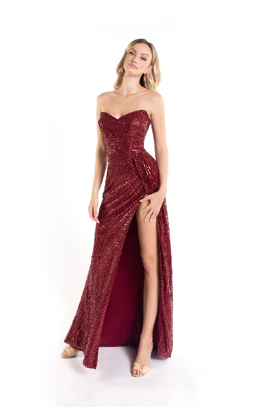 cocktail dresses with wrap skirts for adjustable fit --Sequin Fitted Strapless Slit Gown by Abby Paris 90160