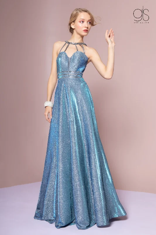 cocktail dresses with asymmetrical hemlines for trendy looks --Long Iridescent Glitter Dress with Pockets by Elizabeth K GL2672