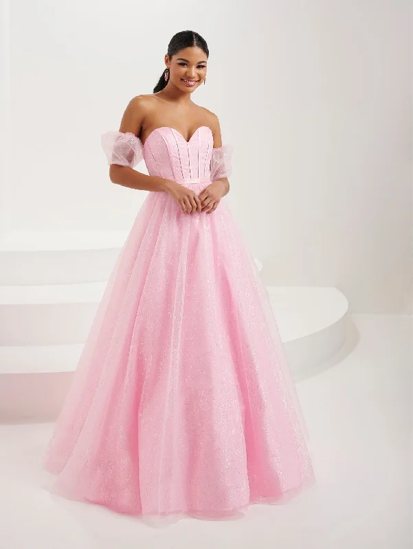 cocktail dresses with asymmetrical necklines for fashion-forward --Glitter Strapless Puff Sleeve Gown by Tiffany Designs 16083