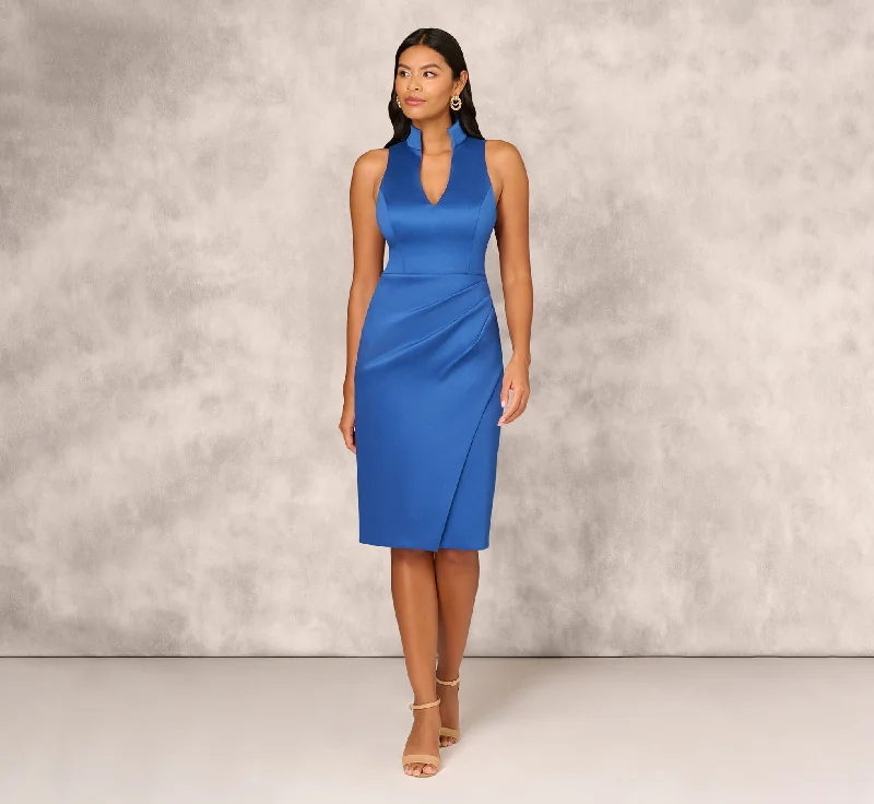 Wedding guest dresses with unique prints for a fun vibe -Stretch Mikado Midi Dress With Faux Wrap Details In Deep Ocean
