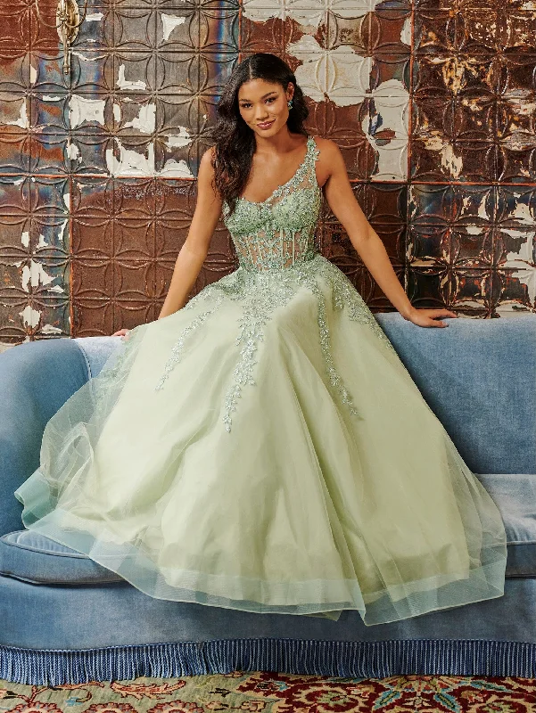 formal dresses with lace sleeves for classic elegance --Applique One Shoulder Corset Gown by Tiffany Designs 16096