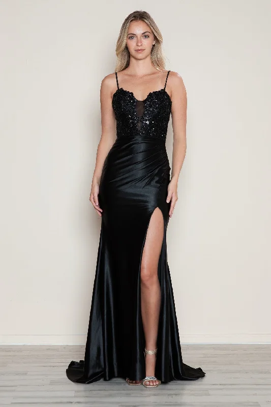 formal dresses for office parties with knee-length cuts --Applique Satin Sleeveless Slit Gown by Poly USA 9616