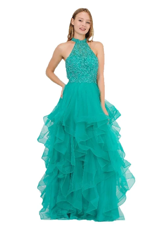 cocktail dresses with high-low skirts for trendy looks --Tiered Long Embroidered Mermaid Dress by Poly USA 8372