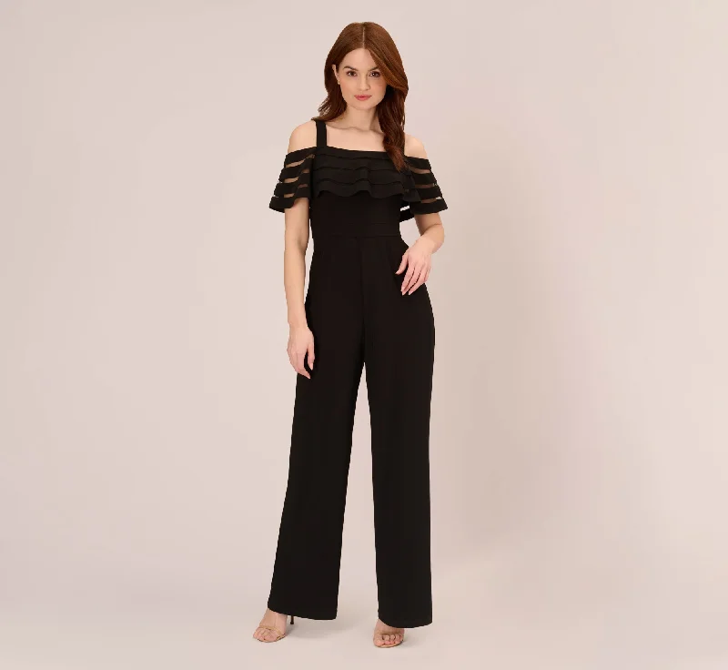 Spring dresses with wrap-around skirts for flattering styles -Jersey Banded Ruffled Jumpsuit With Cold Shoulder In Black