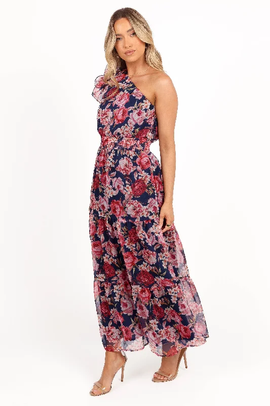 affordable cocktail dresses under $100 for casual events --Layley One Shoulder Maxi Dress - Navy Floral