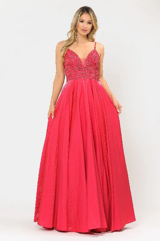 cocktail dresses with off-shoulder ruffles for feminine vibe --Long V-Neck Dress with Embroidered Bodice by Poly USA 8576
