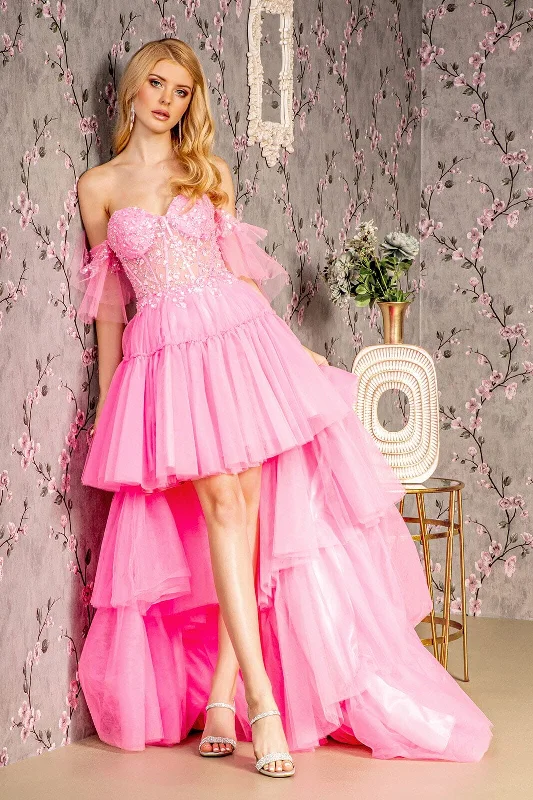formal dresses for women with disabilities featuring magnetic closures --Heart Beaded Off Shoulder High Low Gown by GLS Gloria GL3396