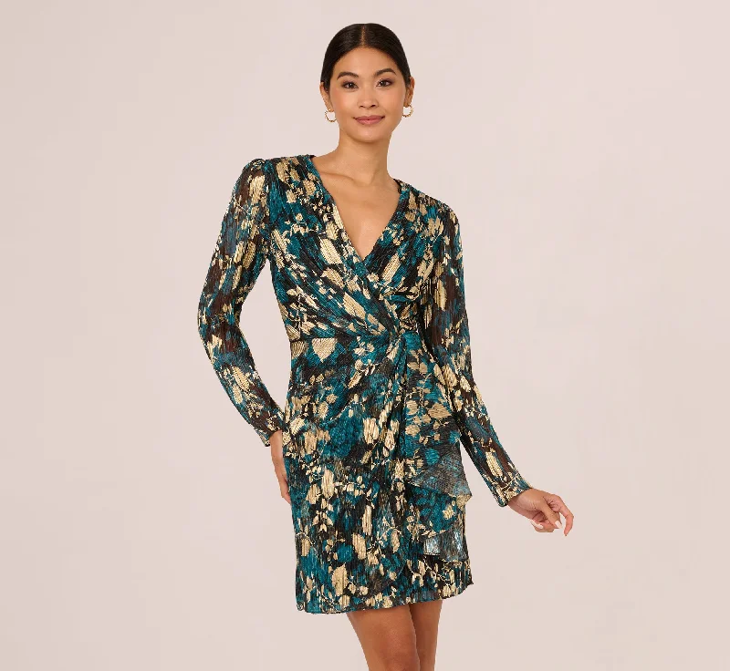 Spring dresses with wrap-around designs for a feminine touch -Crinkle Foil Wrap Dress In Teal Sapphire Gold