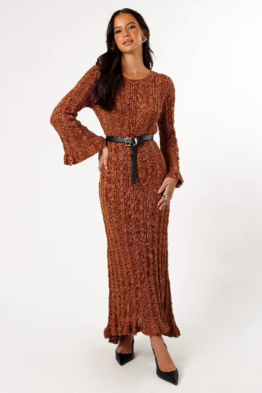Colorful cocktail dresses for tropical events -Colter Long Sleeve Maxi Dress - Bronze