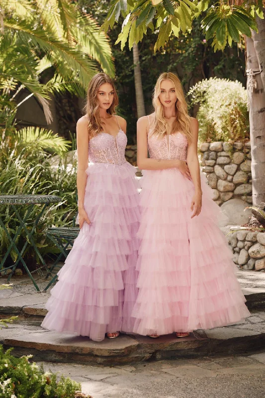 formal dresses with satin fabric for smooth texture --Applique Sleeveless A-line Ruffled Slit Gown by Juliet JT2458A