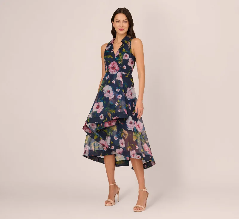 Stunning wedding guest dresses for formal evening events -Floral Printed High Low Organza Halter Dress In Navy Multi