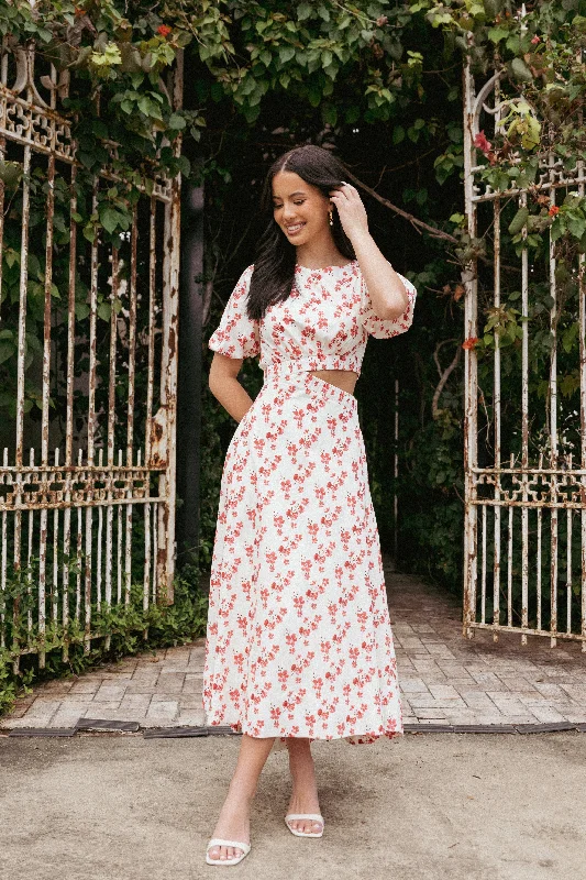 cocktail dresses with long sleeves for cooler weather --Aminah Puff Sleeve Dress - Red Floral