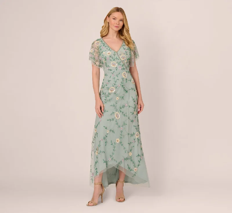 Trendy wedding guest dresses in pastel colors for a soft look -Flutter Sleeve Beaded Wrap Dress In Aqua Dust
