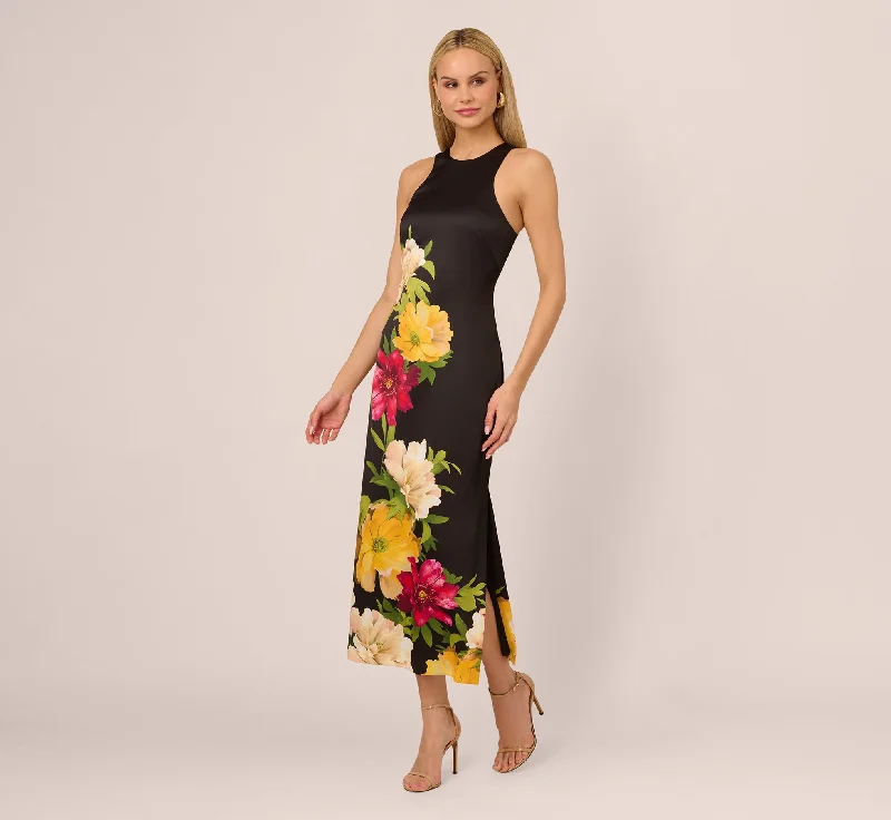 Comfortable wedding guest dresses for dancing and long hours -Sleeveless Floral Printed Satin Midi Dress In Black Multi